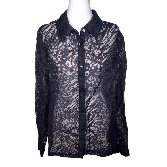 Draper's & Damon's Sheer Black Button Down Shirt Animal Print Layering Top Sz XL - Picture 1 of 4